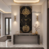 Gold calligraphy Islamic wall clock displayed as living room decor
